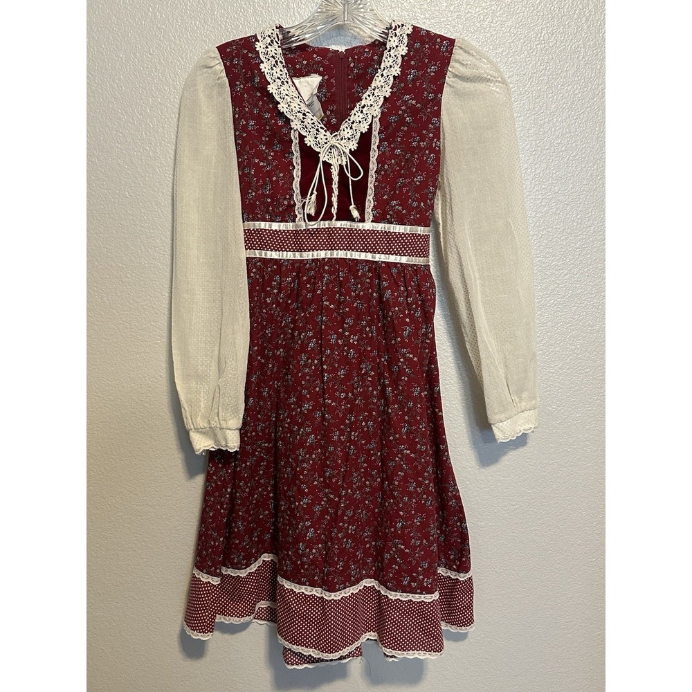 Vintage 1970s GUNNE SAX  Girls Velvet Lace Up Bodice Calico Prairie Midi Dress